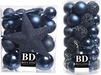 Bellatio Decorations kerstballen set 70x - kunststof - donkerblauw - ster piek - glanzend mat glitter - diverse maten