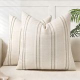AELS Decoratieve boerderij linnen sierkussenslopen, boho getextureerde kussensloop, set van 2, beige met witte en bruine steekgaren, geverfde gestreepte kussensloop voor bank, woonkamer, 18 x 18 cm