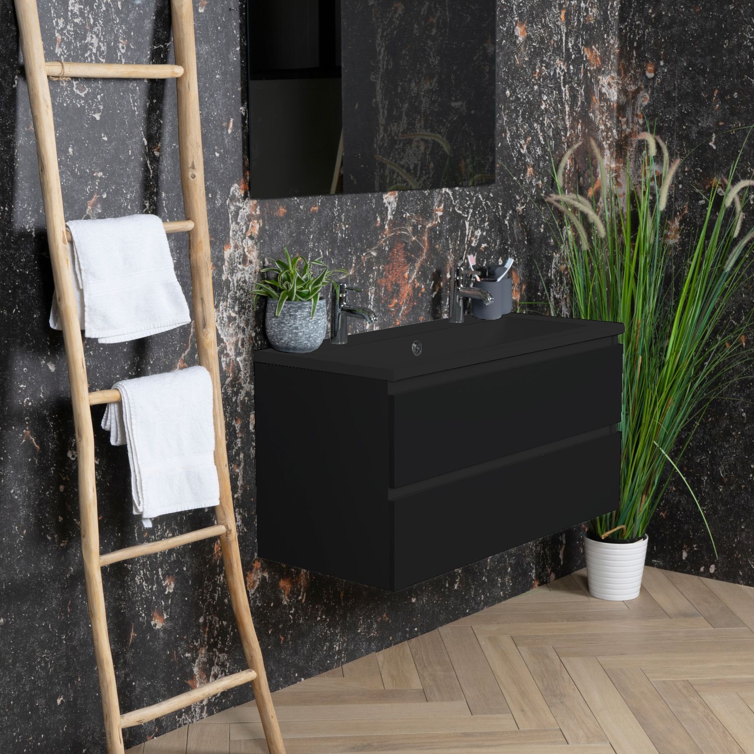 Boss & Wessing Paris Badmeubel 100 cm Mat Zwart Wastafel Compleet Mat Zwart (1 of 2 Kraangaten)