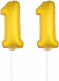Shoppartners Bv 11 jaar leeftijd feestartikelen - versiering cijfers - ballonnen op stokje - van 41 cm - Combi van cijfer 11 - in het goud