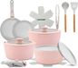 NutriChef 18-delige Pannenset Inductie - Anti-aanbak Keramische Kookgerei Set - Pannen en Potten met Afneembare Handgrepen - PTFE-vrij - Oven- en Fornuisbestendig - Roze