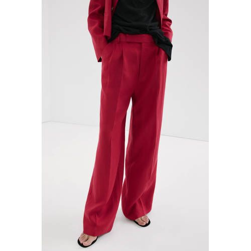 Mango Rood Linnen Wijde Pijpen Broek