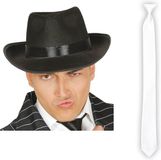 Merkloos Carnaval verkleed set compleet - gangster/maffia hoedje met stropdas - zwart/wit - volwassenen