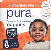 Pura Eco babyluiers - maat 6 (13 kg+/30 lbs+), 6 x 20 luiers (120 totaal), maandpakket, ultrazachte luiers voor de gevoelige huid, biologisch katoen, tot 12 uur lekbescherming, nieuwe maatgids