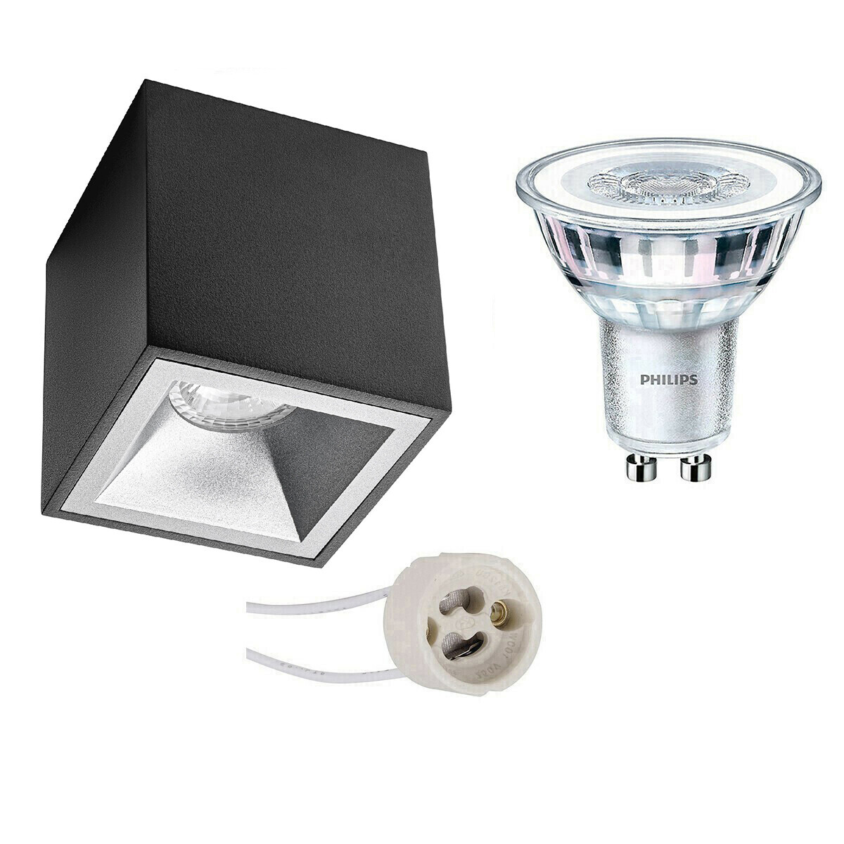 BES LED Opbouwspot Set - Pragmi Cliron Pro - GU10 Fitting - Opbouw Vierkant - Mat Zwart/Zilver - Verdiept - 90mm - Philips - CorePro 827 36D - 4.6W - Warm Wit 2700K