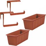 Geli Set van 2 plantenbakken terracotta rechthoekig 40 cm met balkonbeugels