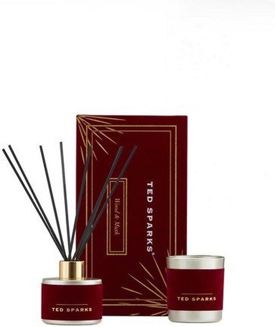 Ted Sparks Velvet Collection Gift Box - Wood & Musk - Geurkaars & Geurstokjes Diffuser - 100ml - Set van 2