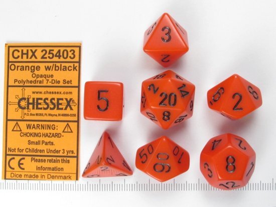 Chessex dobbelstenen set 7 polydice Opaque Orange w/black