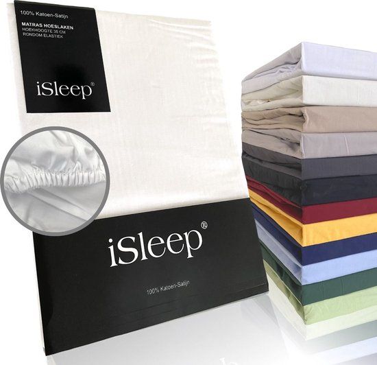 iSleep Katoen-Satijnen Hoeslaken - Hoge Hoek - Rondom Elastiek - Litsjumeaux - 180x210+40 cm - Wit