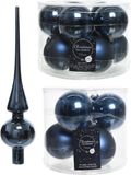 Decoris Compleet glazen kerstballen pakket donkerblauw glans/mat 32x stuks met piek glans - 20x 6 cm - 12x 8 cm