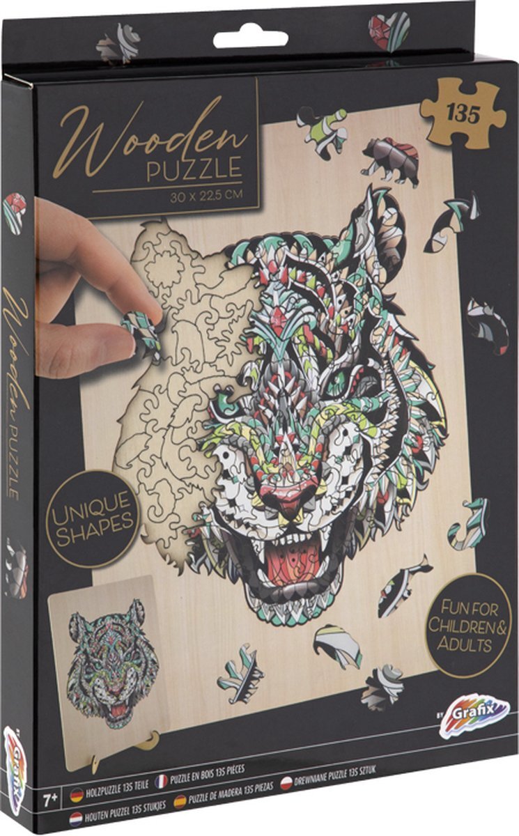 Grafix Houten puzzel Tijger | unieke puzzelstukjes in vorm van dieren | 130 puzzelstukjes | Puzzel voor kinderen en volwassenen | Formaat 30 X 22.5 CM | Cadeau voor jong en oud