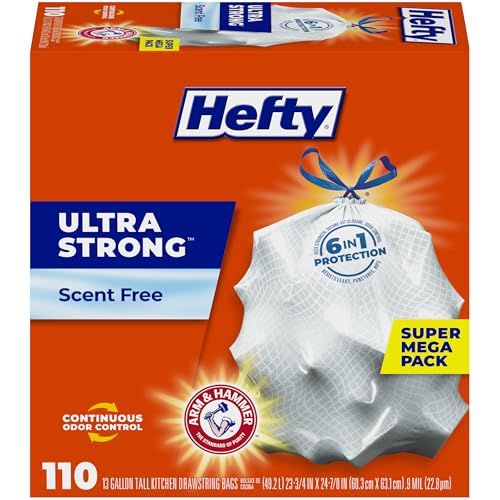 Hefty Ultra Strong Trash Bags (Odor-Free, Tall Kitchen Drawstring, 13 Gallon, 110 Count)