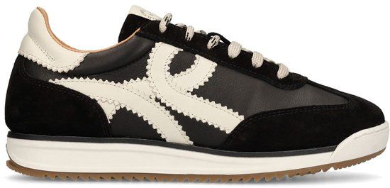 Manfield - Dames - Zwarte leren sneakers met off white details - Maat 39