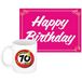 Bellatio Decorations Verjaardag cadeau koffiemok thema 70 jaar - voor een vrouw - stopbord - met knalroze Happy Birthday wenskaart - A5 formaat