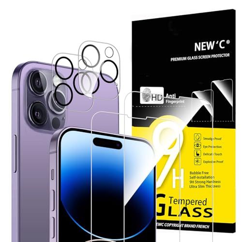 NEW'C Set van 4, 2 x Screen Protector voor iPhone 14 Pro (6,1 Inch) en 2 x Camera Lens Protector - Gehard Glass Schermbeschermer - Luchtbelvrij - Ultrabestendig - 9H hardheidsglas