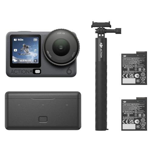 DJI Osmo Action 6 Verbeterde Combo, actiecamera met 1/1.1″ vierkante sensor, variabel diafragma van f/2.0–f/4.0, verlengde batterijduur met 2 batterijen, actiecamera 4K voor langdurige buitenopnamen
