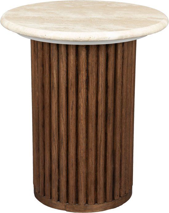 Dutchbone Arda Bijzettafel Rond 35 cm Travertin/ Hout - Beige