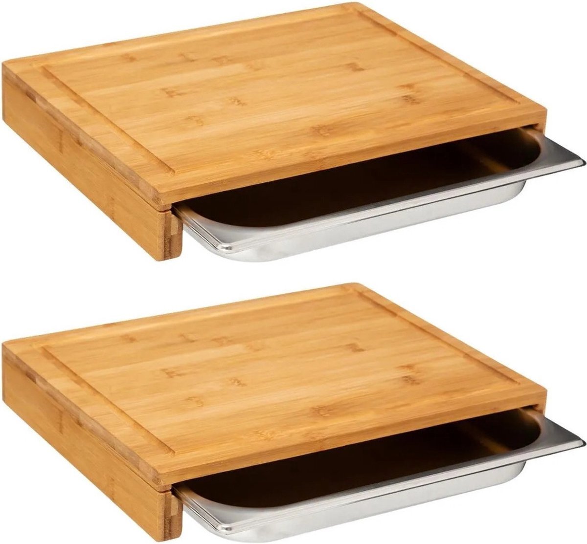 5five 2x Stuks snijplank rechthoek met opvangbak 35 x 28 cm van bamboe hout - Serveerplank - Broodplank
