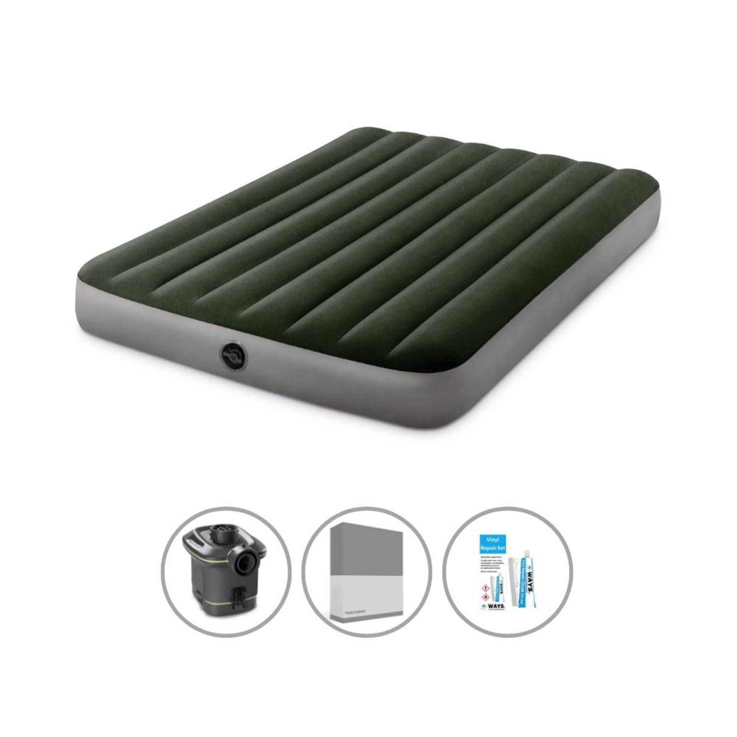 Intex Luchtbedset - Twijfelaar - 137 x 191 x 25 cm - Groen - Met pomp + Hoeslaken Antraciet + Reparatieset