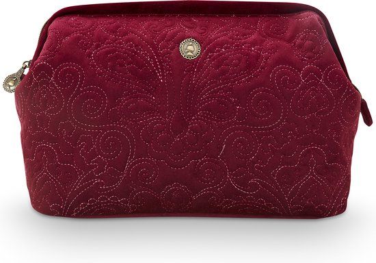 Pip Studio Cooper Quiltey Days Make-up Tas Toilettas Rood Fluweel Polyester Beauty Case Dames 30x13,8x20,7cm