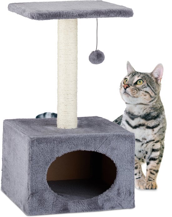 Relaxdays krabpaal voor katten - kattenkrabpaal - speelbal - kattenmand - 56 x 31 x 31 cm grijs crème, grijs