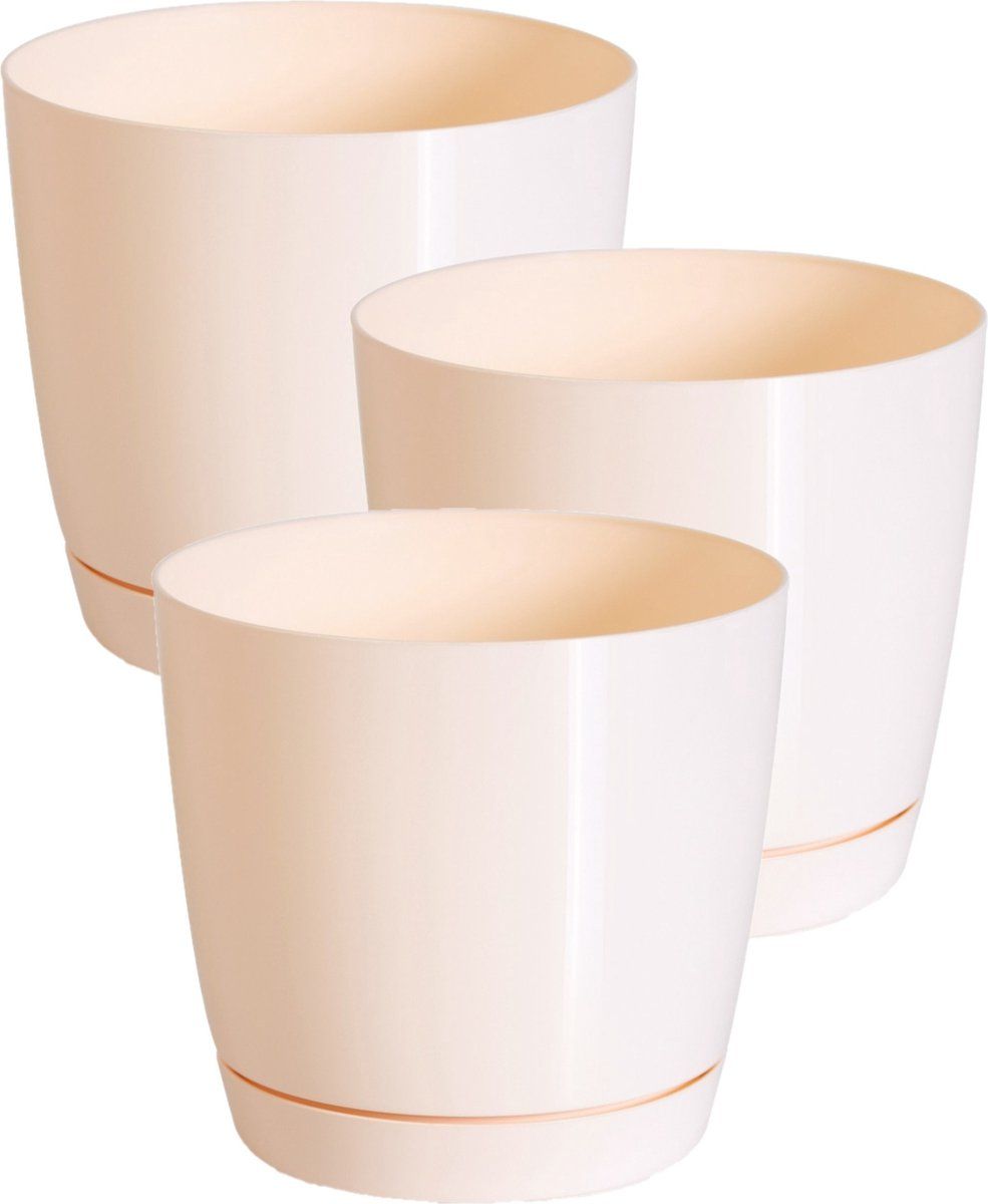 Prosperplast Set van 3x plantenpotten/bloempotten kunststof rond glanzend creme/beige dia 21 x hoogte 19 cm voor binnen/buiten