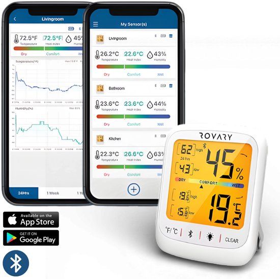 Rovary RH10 Hygrometer met App - Digitale Luchtvochtigheidsmeter & Thermometer voor Binnen