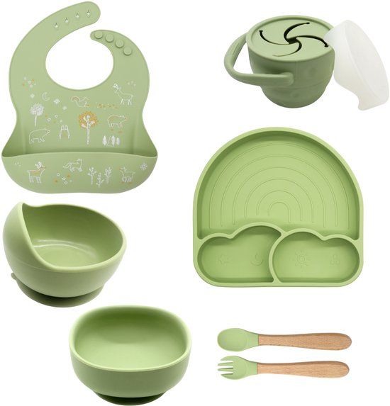 Kinderservies set - 7 delig Olijfgroen - Siliconen - Antislip - Met zuignap