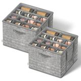 SONGMICS ULSP602G01 Schoenenorganizer voor kledingkast, set van 2, opbergbox met transparant deksel, opvouwbare stoffen bakken, voor 32 paar, verstevigde handgrepen, 41,9 x 41,9 x 31,8 cm, rietgrijs