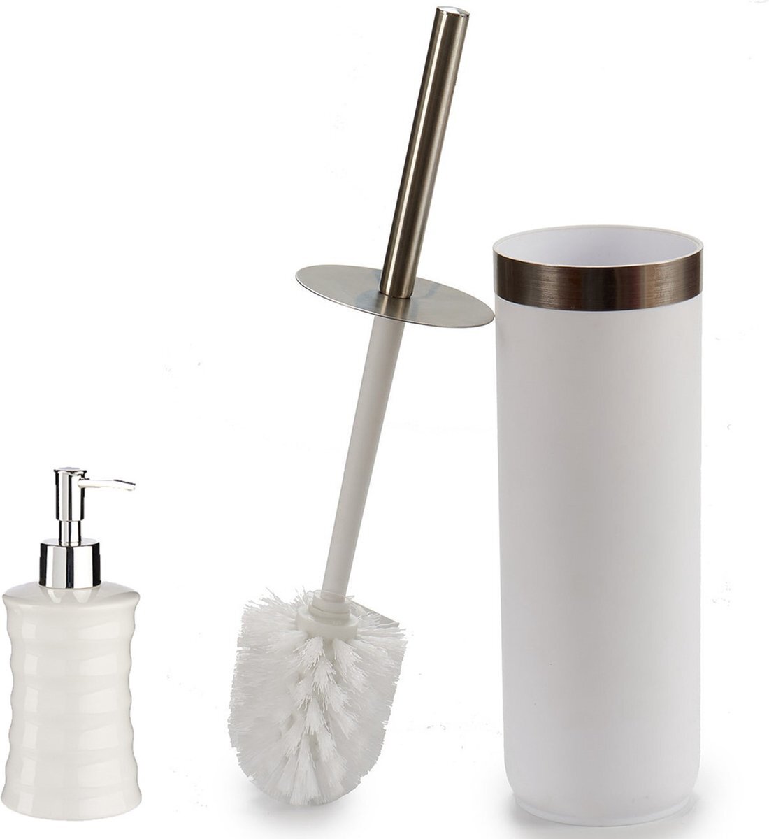 Berilo - WC-/toiletborstel houder 38cm met zeeppompje 350ml wit/zilver