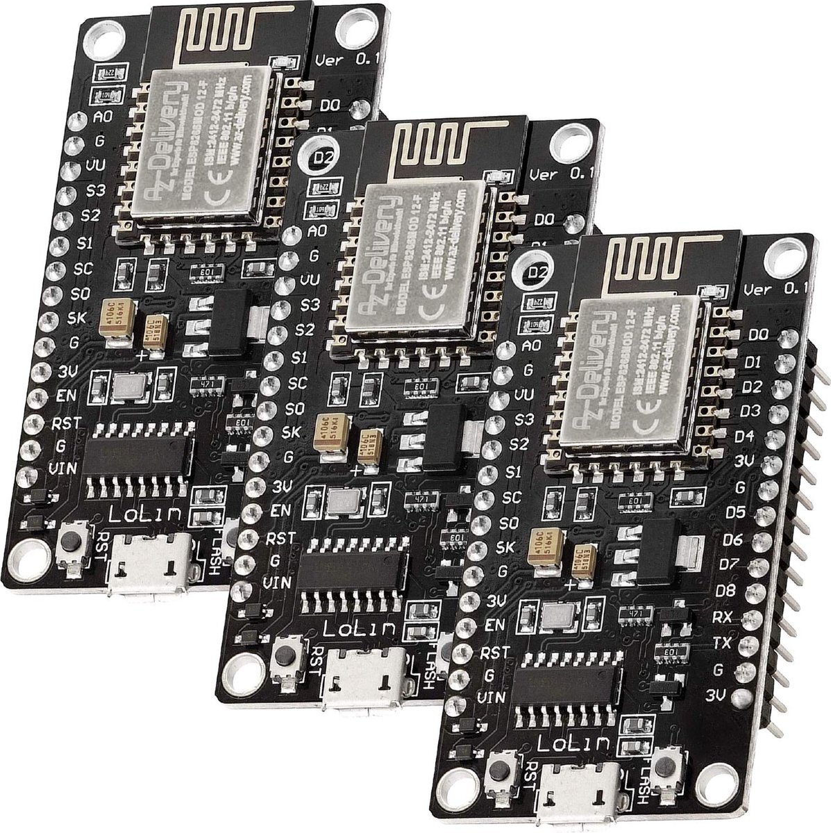 AZ Delivery 3 x NodeMCU Lolin V3 Module ESP8266 ESP-12E met CH340 WIFI Wifi Development Board compatibel met Arduino Inclusief E-Book!