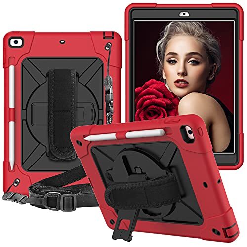 Editbar Hoes voor Apple iPad10,2 inch (model 2021/2020/2019, 9e/8e/7e generatie) - drielaagse, ultra hybride stootvaste hoes met penhouder en schouderriem en 360 draaibare standaard - (rood & zwart)