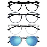 Opulize 4-Pack Reading Glasses with Sun Reader, Large Round, Black, Grey, Transparent, Men, Women, RRRS60-17CC +1.50