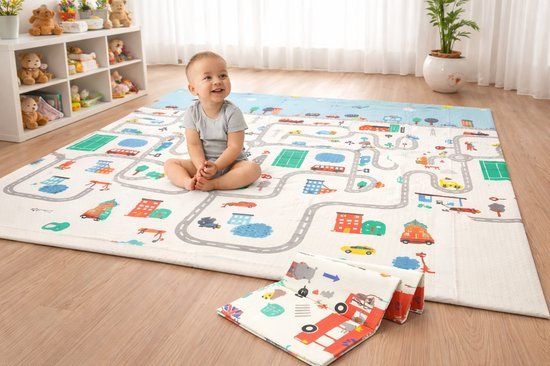 Sweet Sprout TIBA B.V. Speelmat - Speelkleed - Kinderen - Boxkleed - Babygym - Zachte Kruipmat met Levendige Auto & Stad Print - Speelmat foam - Baby - Opvouwbaar - Babyshower - 150x200cm - Inclusief opbergtas