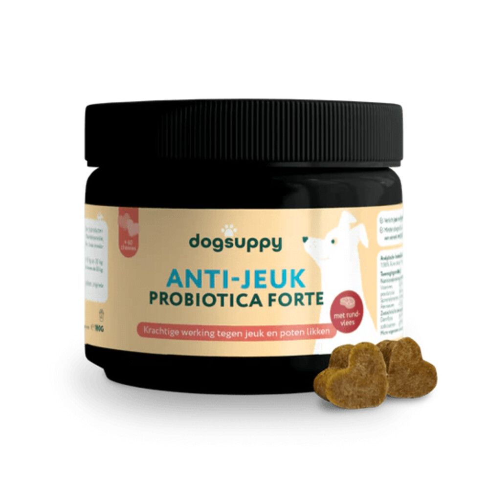 DogSuppy Anti-Jeuk Probiotica - Met rund - 100% natuurlijk - 60 heerlijke snoepjes - Bij Gevoelige Huid, Krabben, Poten likken en Allergieën - Ondersteunt Gezonde Darmflora, Rustige Huid & Natuurlijke Balans - Aanbevolen door Dierenartsen