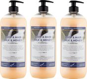 Claudius Cosmetics B.V. Body & Hair Milk & Honey 1 liter - set van 3 stuks - met gratis pomp - 2 in 1 voor lichaam en haar.