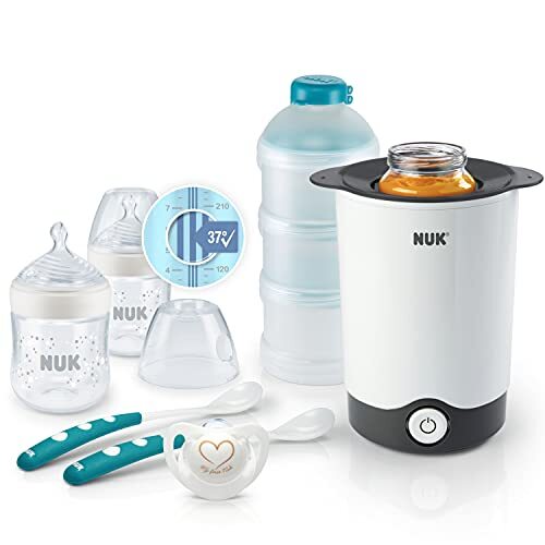 NUK Nature Sense Perfect Starter Babyflaschen Set | 2 (150 ml, 0-6M) Anti-Kolik Flasche mit Temperature Control Anzeige, Schnuller, Flaschenwärmer, 2 Fütterlöffel & Milchpulverportionierer | 7 Stück