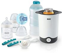 NUK Nature Sense Perfect Starter Babyflaschen Set | 2 (150 ml, 0-6M) Anti-Kolik Flasche mit Temperature Control Anzeige, Schnuller, Flaschenwärmer, 2 Fütterlöffel & Milchpulverportionierer | 7 Stück