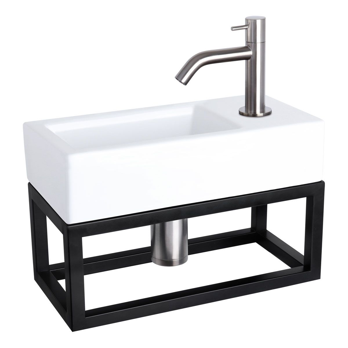 Differnz Fonteinset Rechthoek 38.5x18.5x24.5cm Keramiek Wit Handdoekrek Gebogen Toiletkraan Clickwaste Sifon RVS Look