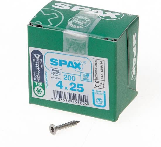 Spax Spaanplaatschroef platverzonken kop RVS T-Star T20 voldraad 4.0 x 25mm (Prijs per 200 stuks