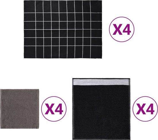 vidaXL 12-delige Keukendoekenset katoen zwart