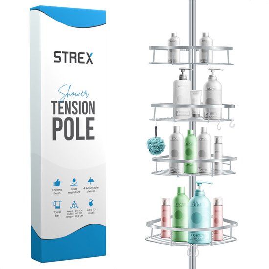 Strex Telescopisch Doucherek RVS - Verstelbaar 70-275 cm - 4 Mandjes - Robuuste Kwaliteit - Zilver