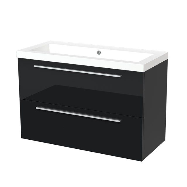 Maxaro Badkamermeubel 100cm Modulo Hoogglans Zwart 2 lades Vlak Wastafel Mineraalmarmer