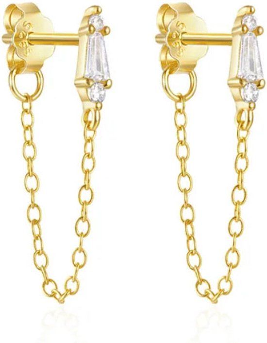 Elenza AMS Elenza Goudkleurige Oorbellen met Ketting en Zirkonia – Luxe Dames Sieraad