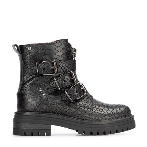 PS Poelman Monk leren enkelboots met crocoprint zwart