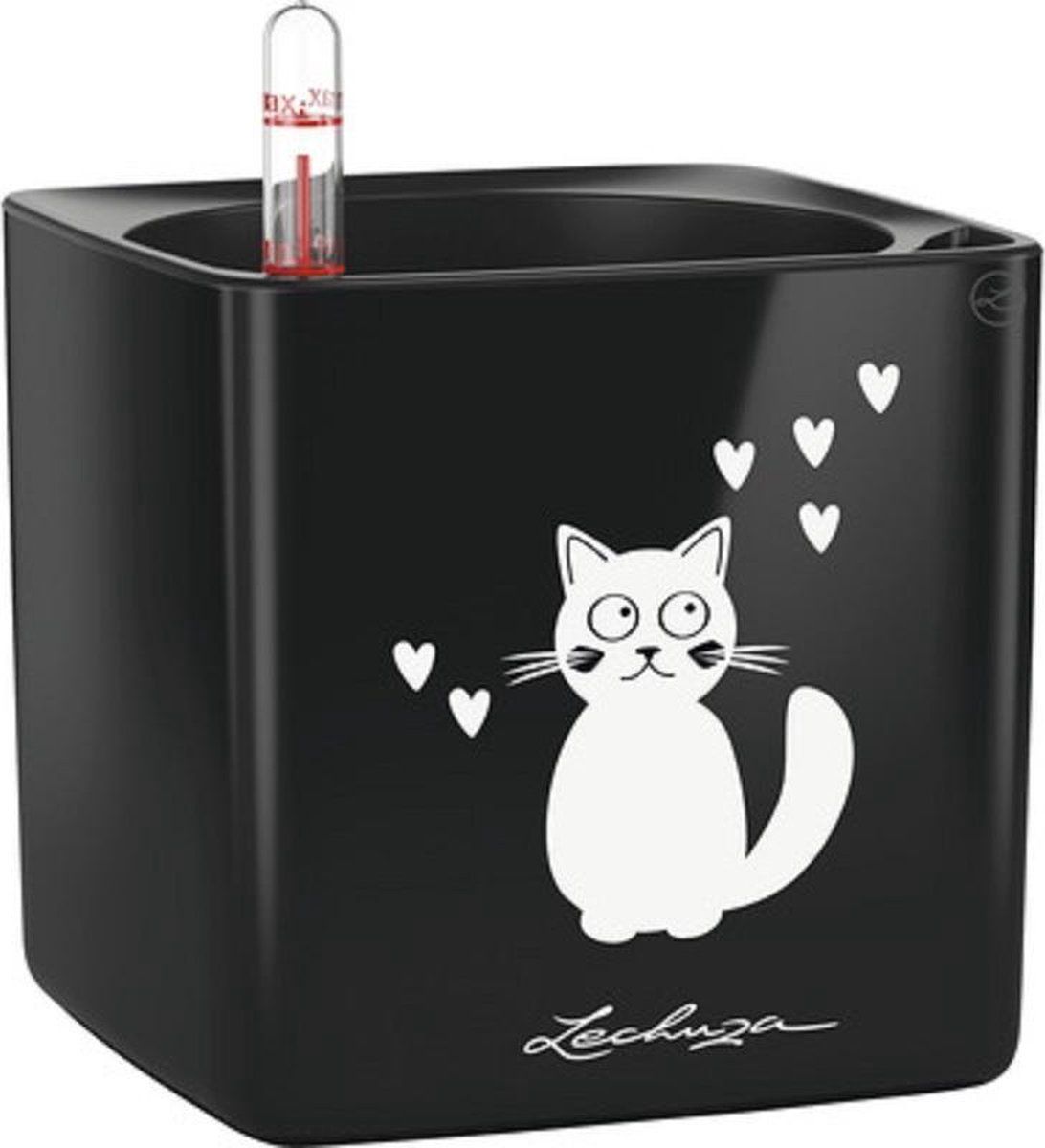 Lechuza CUBE GLOSSY CAT 14 Plantenbak Zwart Hoogglans ALL-IN-ONE set