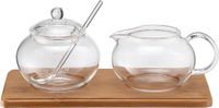 Weis Melk- en Suikerkannetje Set met Bamboe Dienblad - Glas en Bamboe - Bruin