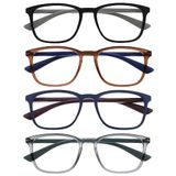 OPULIZE Max Reading Glasses 4 Pack - Classic Large Rectangular Frame - Matte Black, Brown, Blue, Gray - Men & Women - Spring Hinges - RRRR78-1237 - +3.50