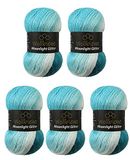 Moonlight Wollbiene Moonlight Glitter Batik Simli Breiwol, 5 x 100 g, 500 g, 20% wol metallic, kleurverloop, 5200 petrol turquoise en wit