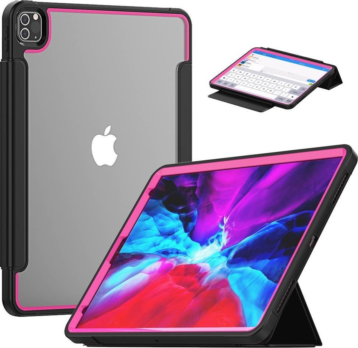 Case2go Apple iPad Pro 12.9 (2018/2020) Hoes - Tri-Fold Book Case met Transparante Back Cover en Pencil Houder - Roze/Zwart